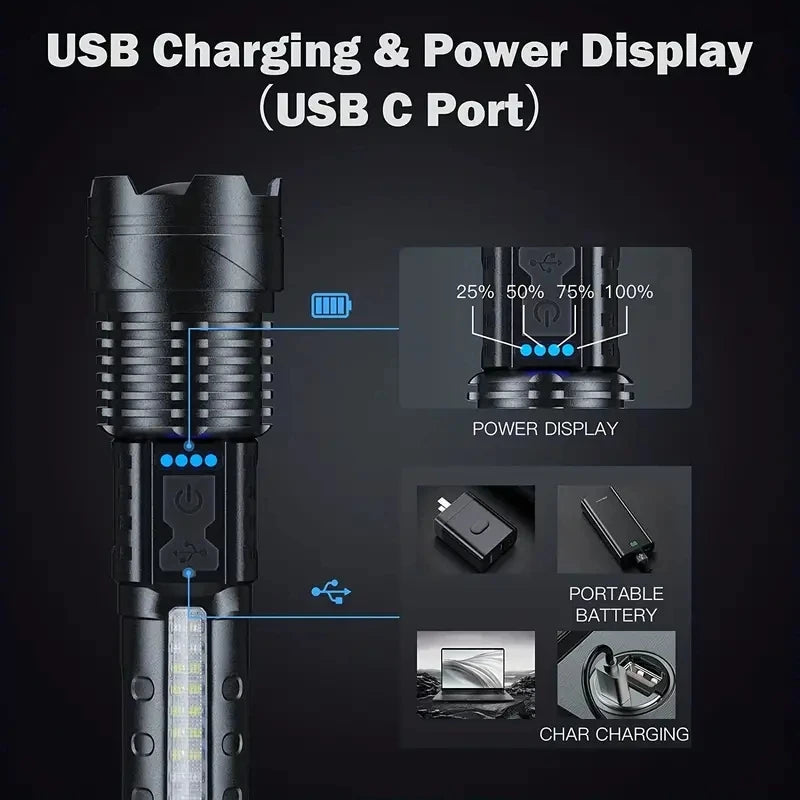 Powerful Flashlight USB Rechargeable Torch Light High Power LED Flashlight  with 7 Lighting Modes Tactical